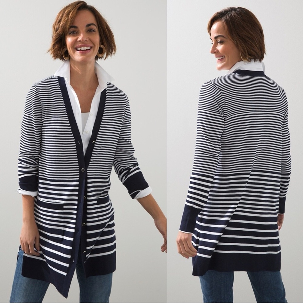 Chico's Navy and White Striped Long Cardigan